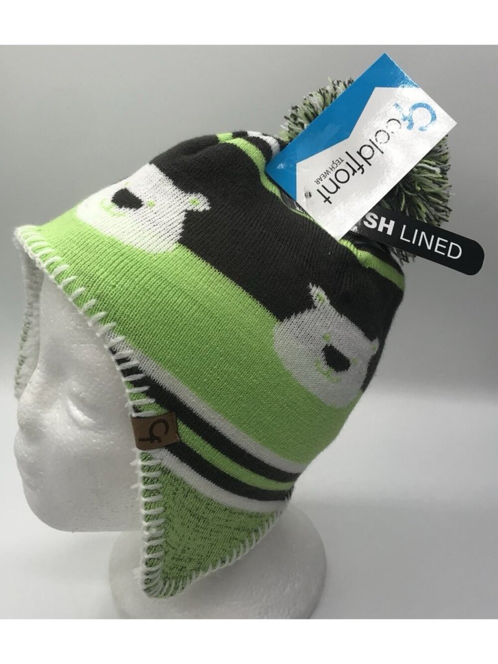 Cold Front Hat Toddler Boys Size 2-4 Winter Beanie Polar Bear Green Faux Sherpa